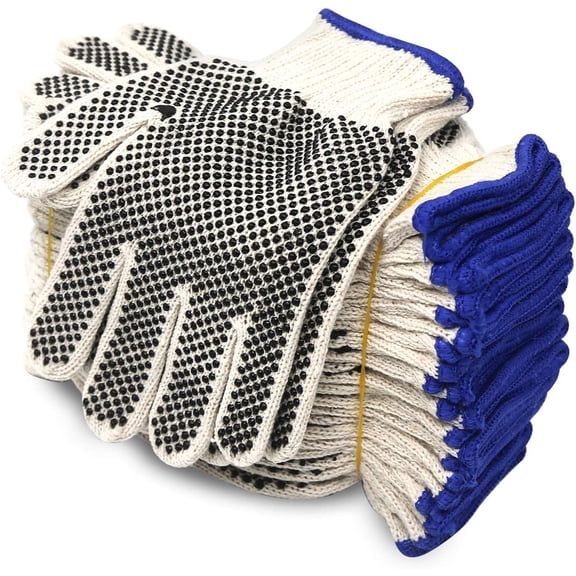 GJWL Cotton Polyester String Knit Shell Safety Protection Work Gloves for Painter Mechanic Industrial Warehouse Gardening Construction Men & Women 12 Pairs, With Two Side dots, M Size