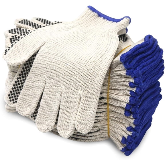 GJWL Cotton Polyester String Knit Shell Safety Protection Work Gloves for Painter Mechanic Industrial Warehouse Gardening Construction Men & Women 12 Pairs, With One Side Dots, M Size