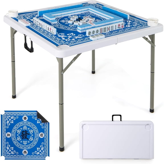 GJWL Folding Mahjong Table, 35" Square Card Table with Cup Holders, Removable Noise Reduction Mat, HDPE Tabletop, 4-Player Portable Domino Tables for Poker Blackjack Board Game (Blue)
