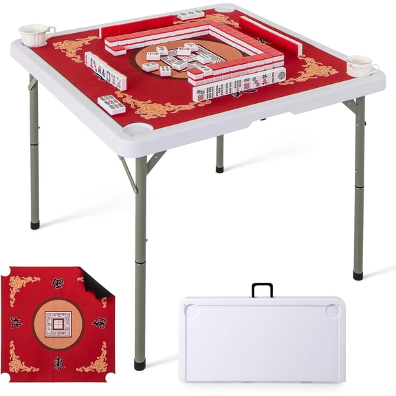 GJWL Folding Mahjong Table, 35" Square Card Table with Cup Holders, Removable Noise Reduction Mat, HDPE Tabletop, 4-Player Portable Domino Tables for Poker Blackjack Board Game (Red)