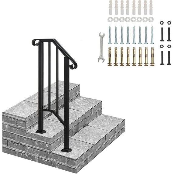 GJWL Handrails for Outdoor Steps, Stair Handrail Fits 1 to 5 Steps, Wrought Iron Hand Rail Stair Railing Kit for Concrete Steps, Porch Steps or Wooden Steps (Black, 1 to 2 Steps)