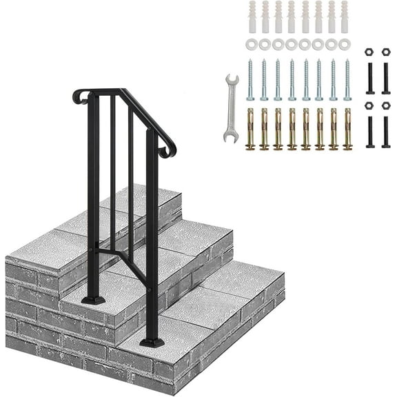 GJWL Handrails for Outdoor Steps, Stair Handrail Fits 1 to 5 Steps, Wrought Iron Hand Rail Stair Railing Kit for Concrete Steps, Porch Steps or Wooden Steps (Black, 1 to 2 Steps)