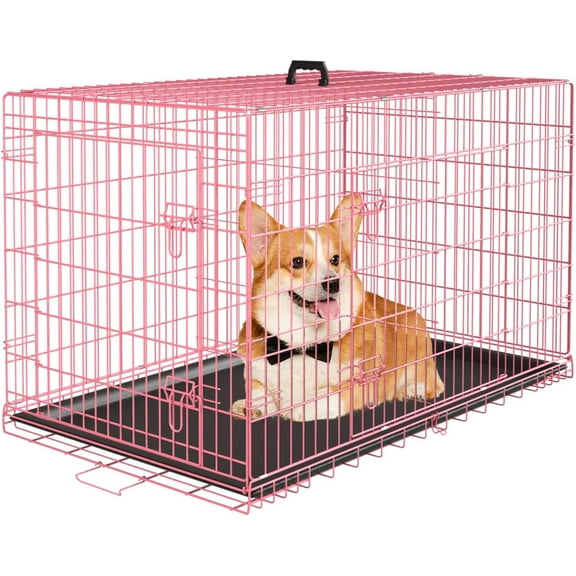 GJWL Large Dog Crate Kennel for Medium Large Dogs 36 inches Metal Dog Cage Double-Door Folding Travel Indoor Outdoor Puppy Playpen with Divider and Handle Plastic Tray,Pink