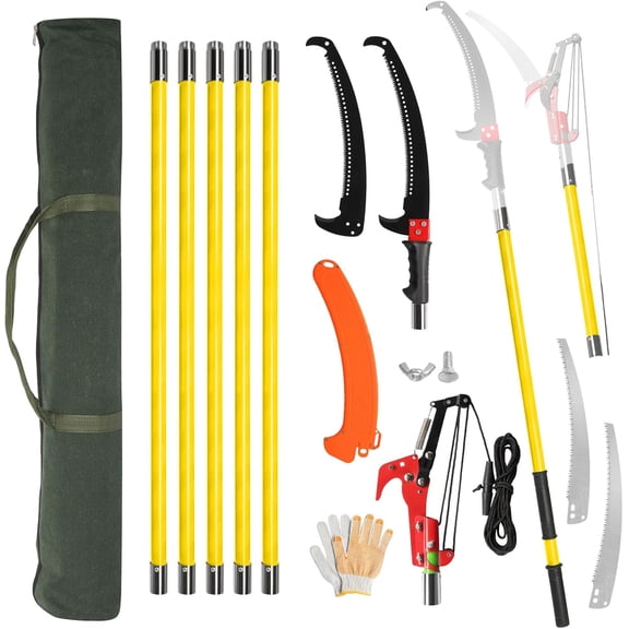GJWL Manual Pole Saw, 24 Feet Extendable Tree Pruner with Knives and Storage Pocket, Sharp Steel Blade and Scissors High Branches Trimming for Pruning Palms and Shrubs(Yellow)