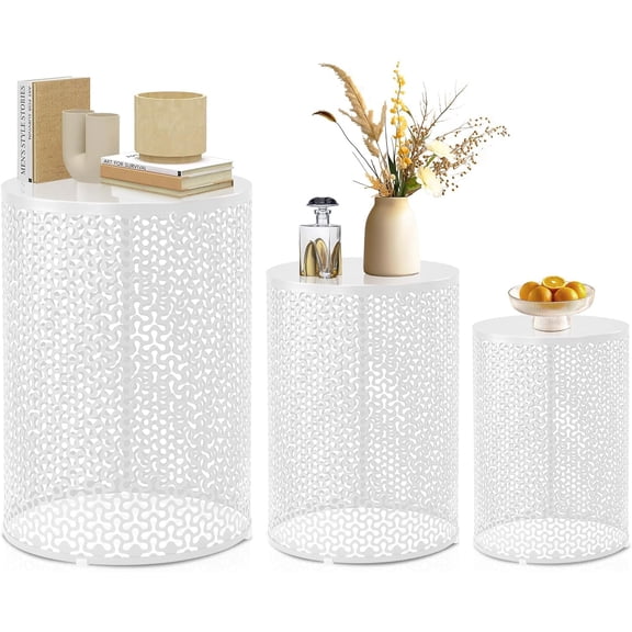 GJWL Outdoor Nesting Tables Set of 3, Heavy Duty Metal Frame Accent Modern End Table, Portable Side Table for Indoor, Outdoor, Living Room, Clover Pattern - White