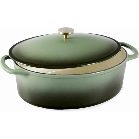 GJWL Oval 7.5 Quart Enamel Cast-Iron Dutch Oven, Heavy-Duty Pre-Seasoned for Baking, Cooking w/Side Handles – Deep Olive Green