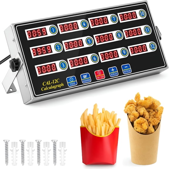 GJX 1 Pack 12 Channel Digital Kitchen Timer,Multi-Countdown Timer with Loud Alarm&Large Lcd Display,Wall Mount Or Countertop for Restaurant,Fry Station,Baking&Lab Use