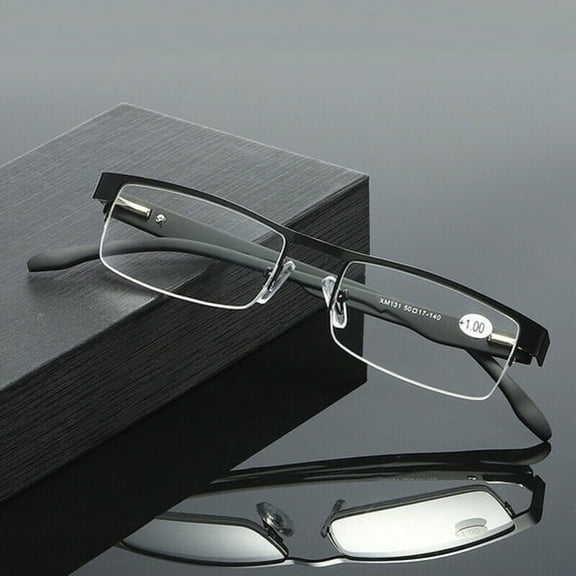 GJX 1 Pair Mens Rectangular Metal Half Frame Reading Glasses Spring Hinge Black Readers +0.75 Comfortable Lightweight for Reading Work Office Fashion Eyewear