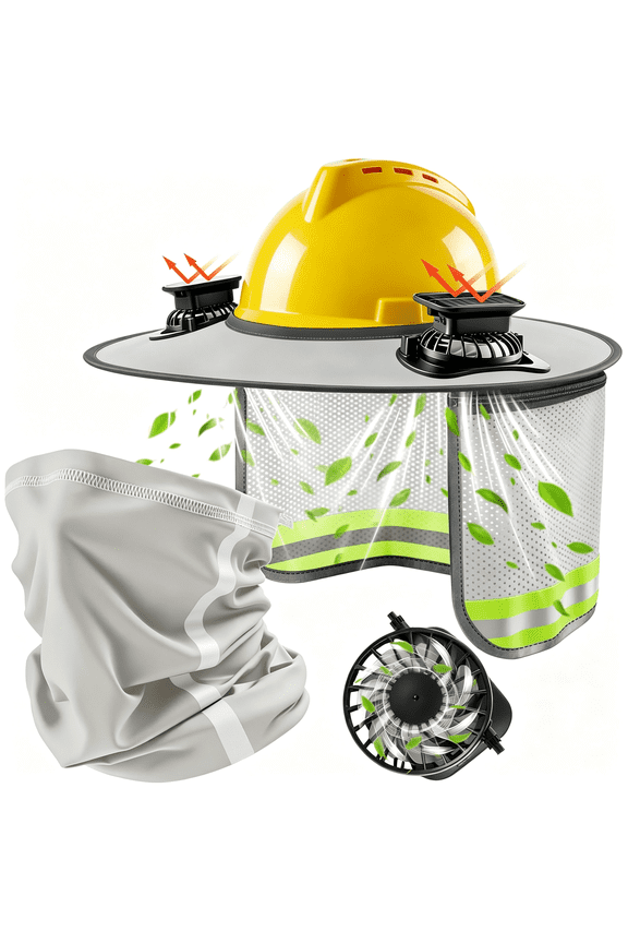 1 Set Hardhat Sun Shade Kit, Hard Hat Visor Sun Shade Full Brim with Solar Fans and Neck Gaiter, Hard Hat Sun Shield with Reflective Strip for Construction Workers Outdoor(Light Grey)