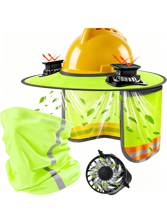 1 Set Hardhat Sun Shade Kit, Hard Hat Visor Sun Shade Full Brim with Solar Fans and Neck Gaiter, Hard Hat Sun Shield with Reflective Strip for Construction Workers Outdoor(Neon Yellow)