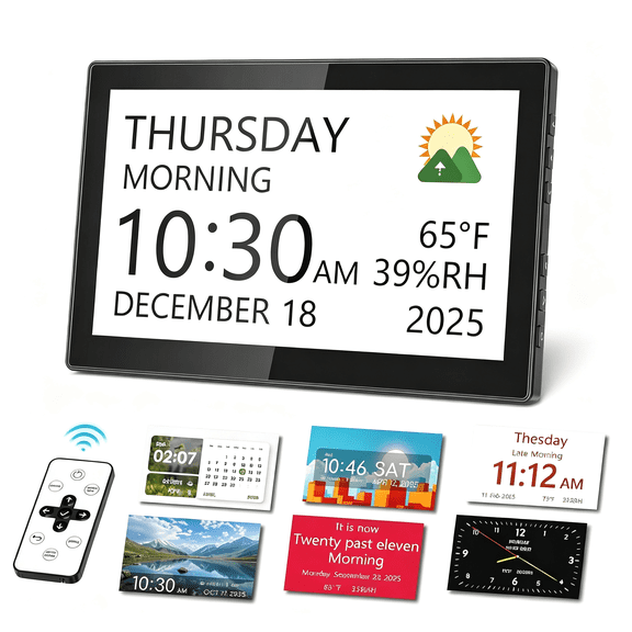 GJX 10.1" Dementia Clock for Seniors with Digital Calendar Display | Large Time & Date Display,Medication Reminders,Auto Dimming,Remote Control,Indoor Temperature & Humidity,Wall Mountable