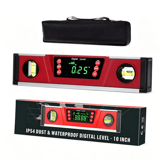 GJX 10-" Digital Torpedo Level and Protractor | Neodymium Magnets | Bright Led Display | V-Groove Magnetic Base | Ip54 Dust/Water Resistant Smart Level with Carrying Bag