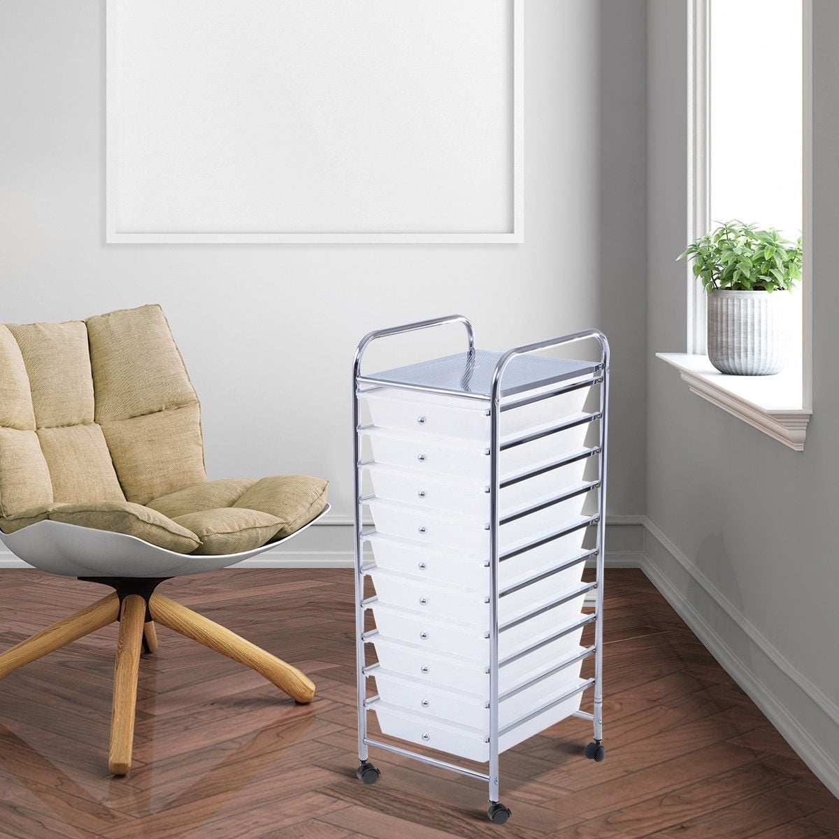 Clear 10-Drawer Mobile Storage Cart with Chrome Frame