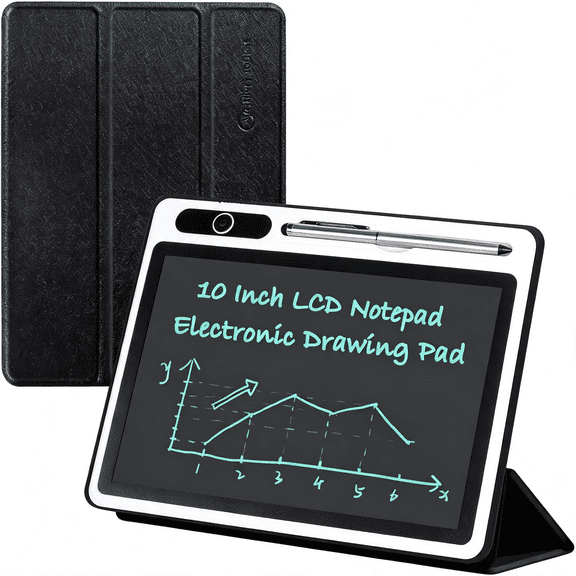 GJX 10 Inch Lcd Writing Tablet Electronic Writing Notebook with Pu Protective Cover Erasable Drawing Pad Gift for Adults at Home Business Office Digital Notebook (Black