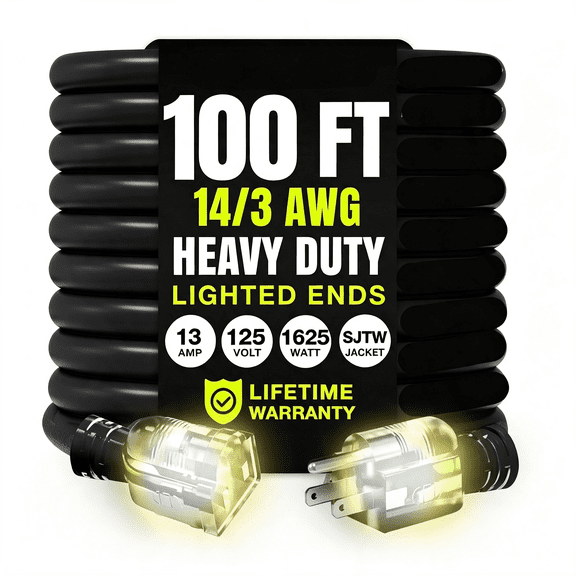 GJX 100Ft Outdoor/Indoor Extension Cord 14/3 Gauge Heavy Duty 3 Prong Sjtw,Waterproof,Flexible Cold-Resistant Long Power Cord,13A 125V 1625W,Black by Heavy Duty Extension Cord