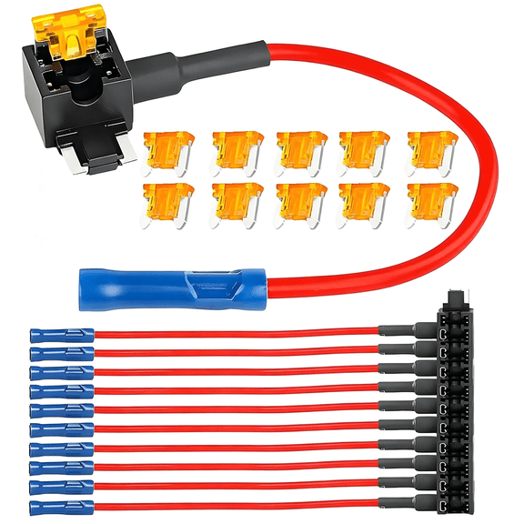 GJX 10Pcs Car Add-A-Circuit Fuse Tap Adapter, 12V 16 Awg Low Profile Mini Blade Taps Holder Assortment Kit, Anti-Vibration Automotive Fuse Connector, Universal for Suv, Truck, Rv