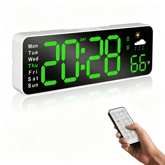 GJX 11" Digital Wall Clock,Large Led Display with Remote Control,Date Week Temperature Humidity,Auto Dst & Dimming,Countdown Timer,Plug-In Digital Clock for Home Office Classroom,Blue