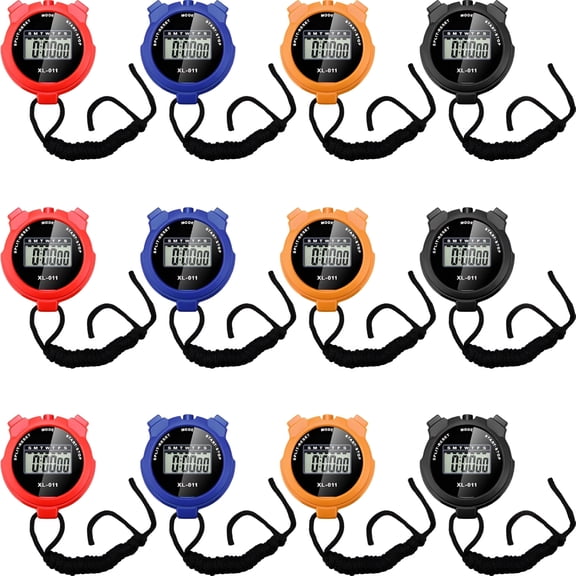 GJX 12 Pack Multi Function Digital Stopwatch Timer Bulk Sports Stopwatch with Lanyard Plastic Display Waterproof Date Time Alarm Timer for Coaches Fitness Referees