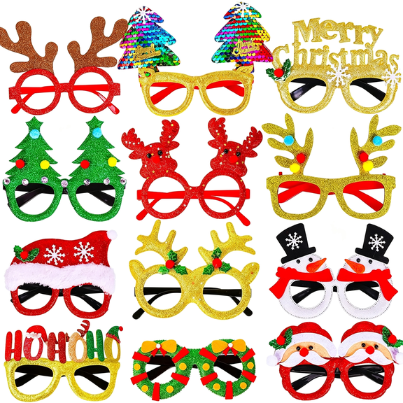 GJX 12 Pcs Glitter Christmas Glasses,Holiday Party Costume Eyeglasses,Fun Glasses Christmas Gifts for Adults&Kids,Festive Photo Booth Props