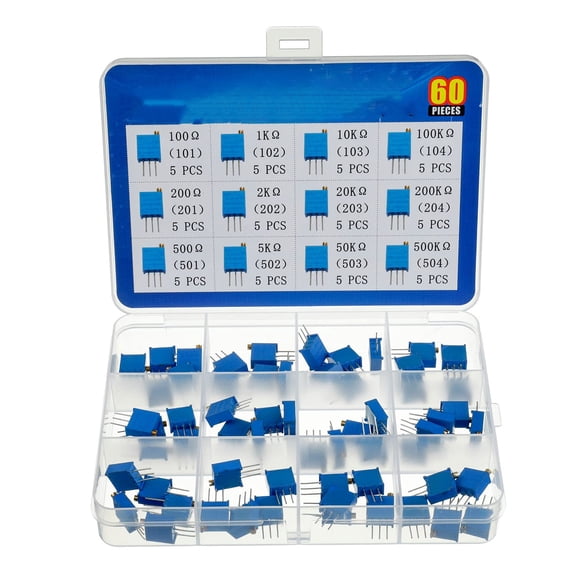 GJX 12 Values 60 Pcs Variable Resistor 100 to 500K Ohm 3296W Multiturn Trimmer Potentiometer Assortment Kit