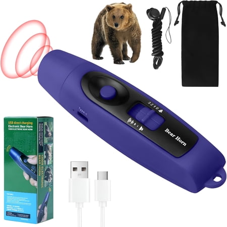 GJX 120±5 dB Rechargeable Bear Horn, Electronic Air Horn for Bears with 4 Volume Levels & 3 Tones, Whistle Bear Bells LED Safety Light for Hiking Camping Emergency, Wildlife Defense