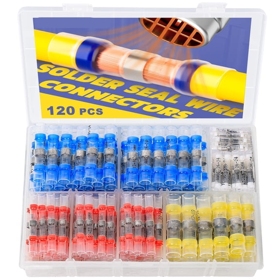 GJX 120Pcs Solder Seal Wire Connectors Kit, 4 Colors\/4 Sizes | 26-10 Awg, Wire Gauge Markings, Clear Sleeves, Hot-Melt Adhesive Rings, Compartment Storage, Automotive Wiring