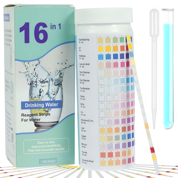 GJX 16 in 1 Water Testing Kit, Accurate Water Test Strips for Drinking Water, Pools and Hot Tubs, Measures pH Hardness Lead Mercury Copper Chlorine and More for Home and Laboratory Use