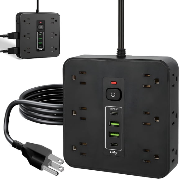 GJX 16-in-1 Power Strip Surge Protector, 12 AC Outlets & 2 USB-C, 2 USB-A, 6.6FT Extension Cord with Overload Protection, Wide Spaced Outlets for Home, Office, Gaming and Travel