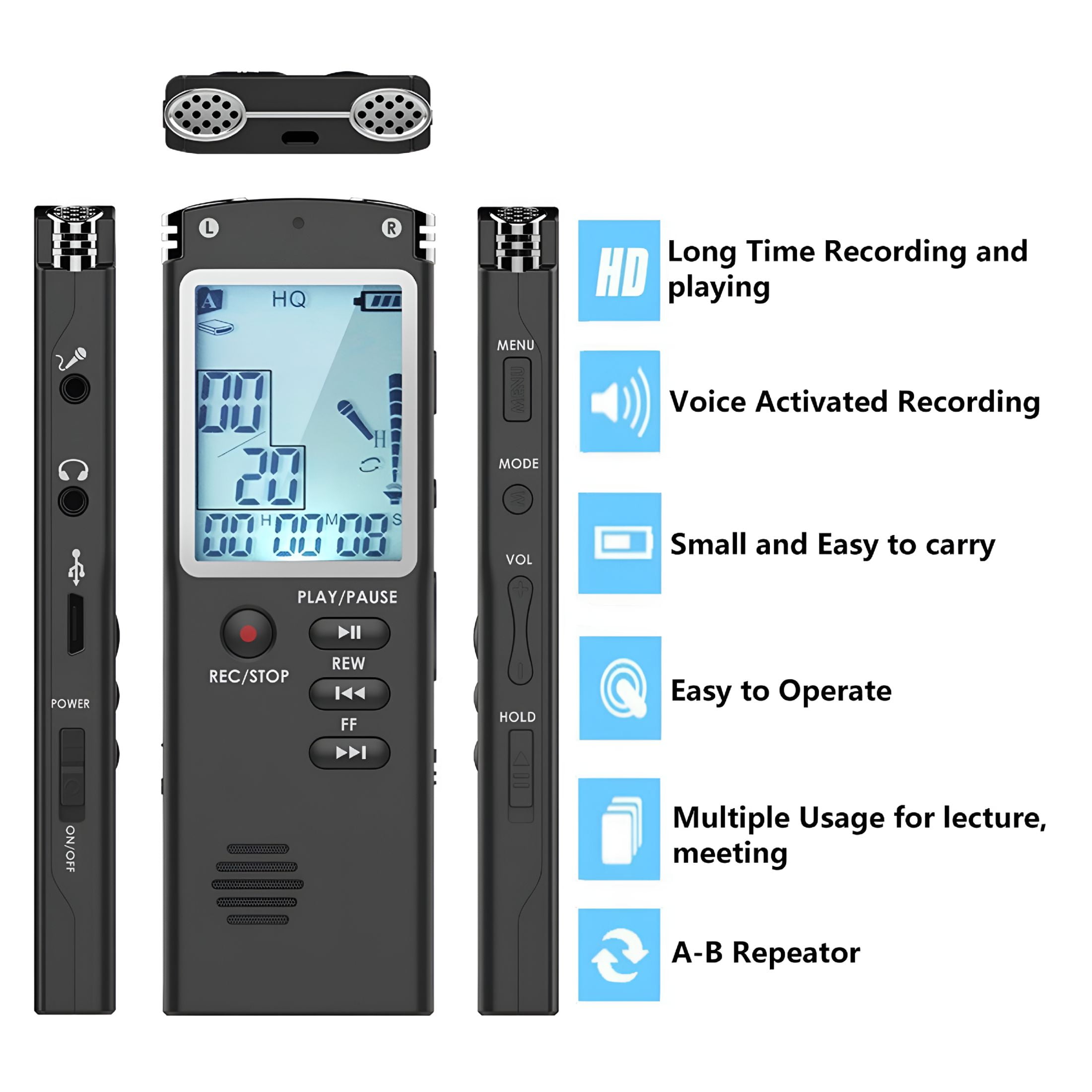 GJX 16Gb Digital Voice Activated Recorder for Lectures,12 Hours Sound Audio Recorder Spy Dictaphone Recording Device with Playback,Microphone,Earphone,Phone Cable,Etc