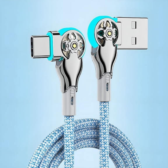GJX 1M USB C to USB C Cable, Double Elbow Swivel Connector with LED Light, Braided Fast Charging Data Cord for Phone Tablet Laptop Car, Right Angle Extension Wire (Blue)