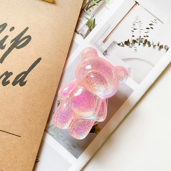 GJX 1Pc Cute Mobile Phone Finger Holder,3D Cute Bear Shaped Mobile Phone Cartoon Foldable Holographic Glitter Phone Grip Tok Folding Bracket for Smartphone Cell Phone (Pink)