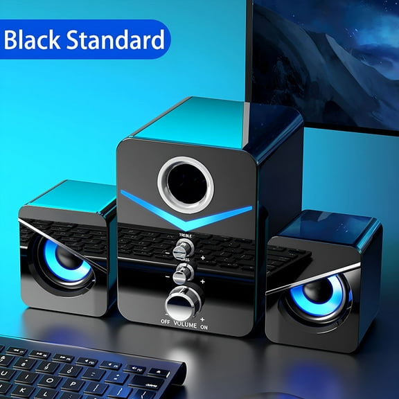 GJX 2.1 USB Computer Speakers with Subwoofer, Wired 3.5mm Desktop Audio System with Blue LED Light, Heavy Bass Stereo Soundbar for PC, Laptop, Phone