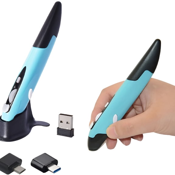 GJX 2.4GHz Wireless Pen Mouse with Type-C & Micro USB Adapters, Adjustable DPI Optical Mouse for Laptop Tablet Android, Ergonomic Pocket Size Digital Stylus for Office Travel, Blue