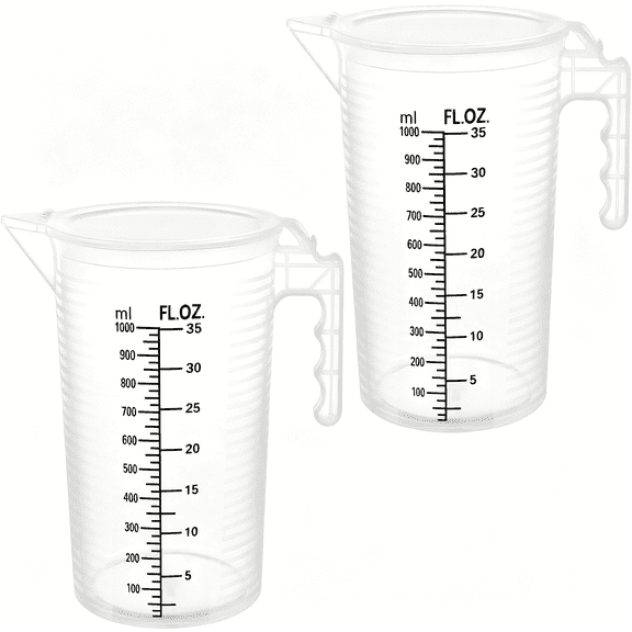 GJX 2 Pack 32oz (1 Quart) Measuring Pitcher - Plastic,Multipurpose,Polypropylene,with Clear Ounce & Milliliter Markings,Dustproof Lid,for Cooking,Home Hobbies,Shop Oil and Fluids