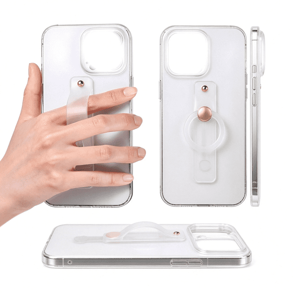 GJX 2 Pack Silicone Phone Grips with Stand,Universal Finger Loop Holder for Back of Phone,Slim Durable Adhesive Phone Strap for Iphone Android Smartphones (White + Clear)