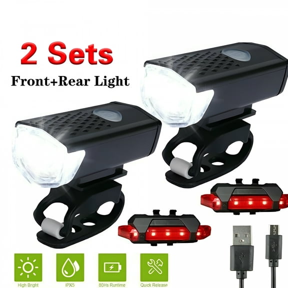 GJX 2 Pack USB Rechargeable Bicycle Lights, 700 Lumens LED Front Headlight & Red Taillight Set, Waterproof Bike Safety Lamps for Night Riding, Commuting