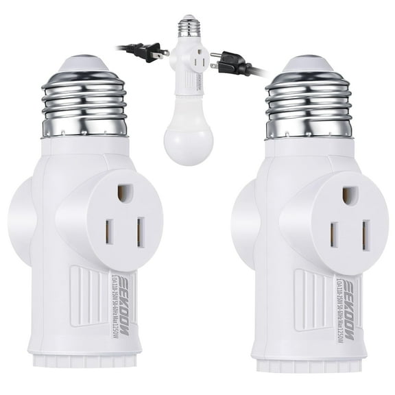 GJX 2 Pcs Light Socket to Plug Adapter,E26 Lamp Sockets Converter to 3-Prong Outlet&Bulb Holder,Screw-In Light Socket Adapter for Garage,Porch&Utility Areas(White)