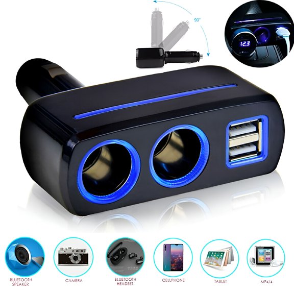 GJX 2-Socket Car Splitter Cigarette Lighter Adapter 4 in 1 Multi Power Outlet 12/24V 60W with 1.2A 2 USB Car Charger Adapter, Cigarette Lighter Splitter Adapter for iPhone, iPad, Phone, Tablet, GPS