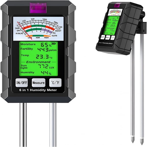 GJX 2026 Dual Probe Soil Tester, 6-in-1 Moisture Meter, Moisture/pH/Temperature/Sunlight/Air Humidity/Fertility, Perfect for Farming, Gardening, Lawns, Outdoor (2*AAA Battery Needed) -NEW Patent
