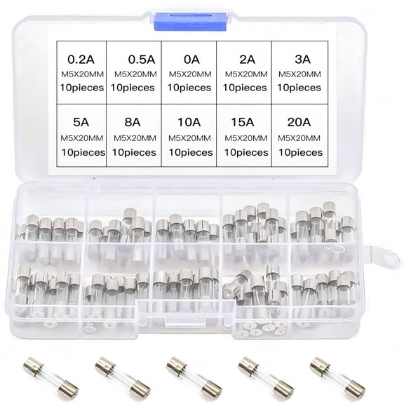 GJX 2026 New 100 Pieces Fine Fuse Glass Tube Fuses 0.2A-20A Amp Assorted Kit with Storage Box 5 X 20Mm Assortment Box for Electronics, Appliances, Automotive, Diy, Repair
