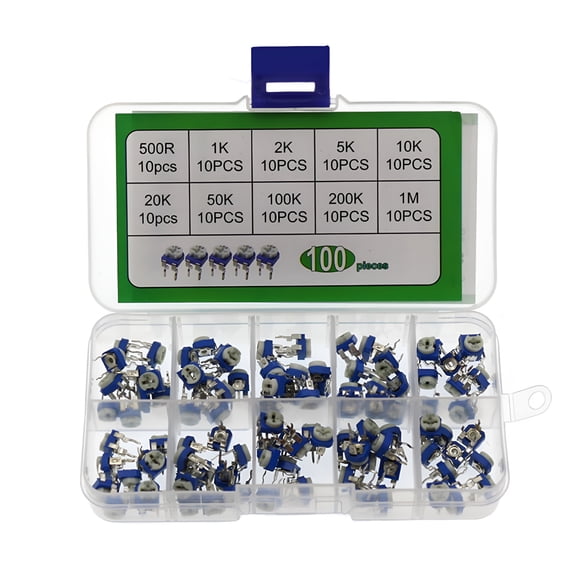 GJX 2026 New 100Pcs Potentiometer Variable Resistors Kit 10 Types Value with Assorted Storage Box Portable Resistors Assortment Kit