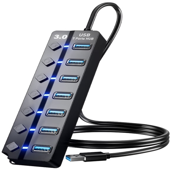 GJX 2026 New 10Pack Usb 3.0 Hub,7-Port Usb Data Hub Splitter with 3Ft Long Cable Usb Extension with Led Individual On/Off