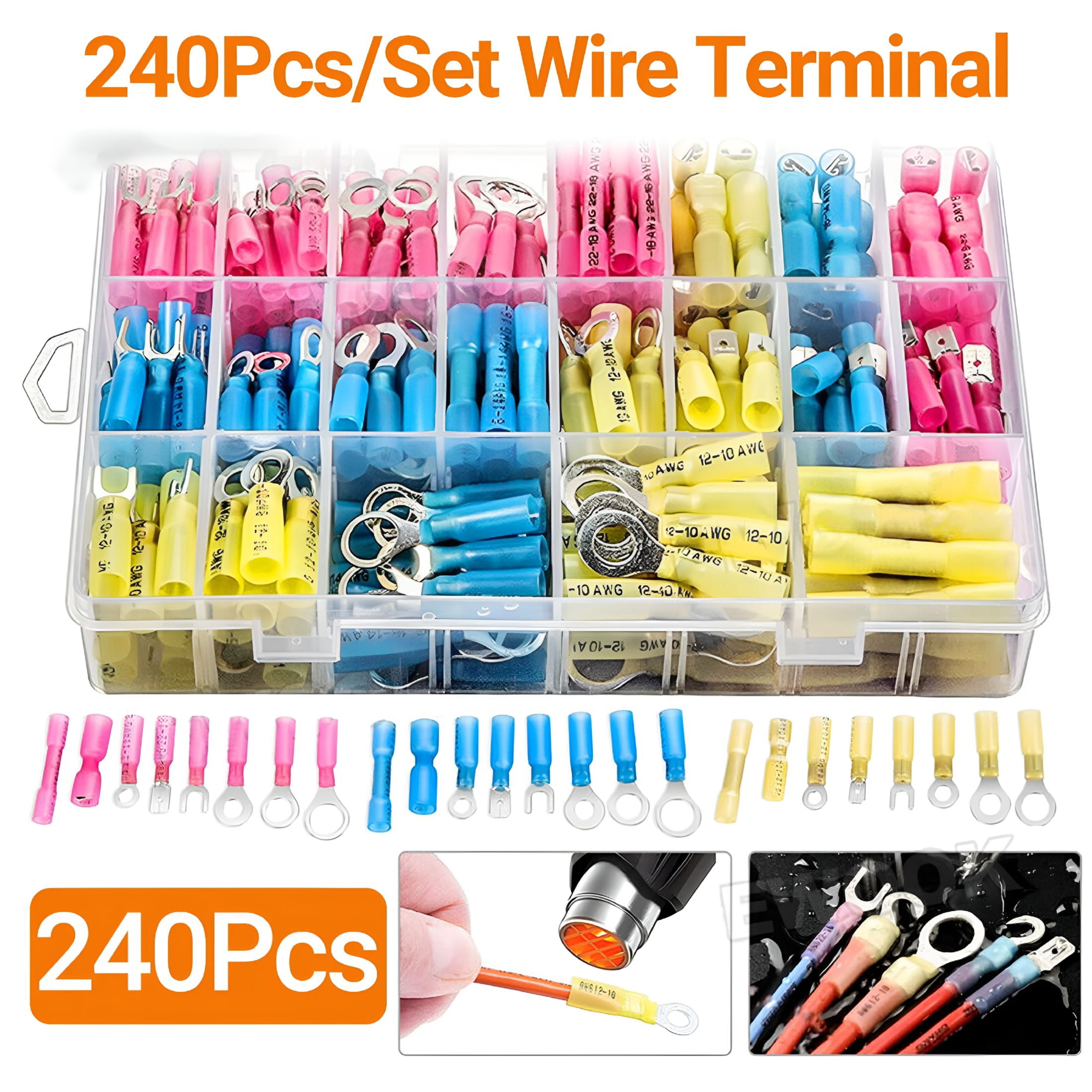 GJX 2026 New 240Pcs Marine Grade Heat Shrink Wire Connectors-Electrical Connectors Kit of Tinned Red Copper,Crimp Insulated Ring Fork Spade Butt Splice(3Colors) 16-14 22-16 12-10 Gauge
