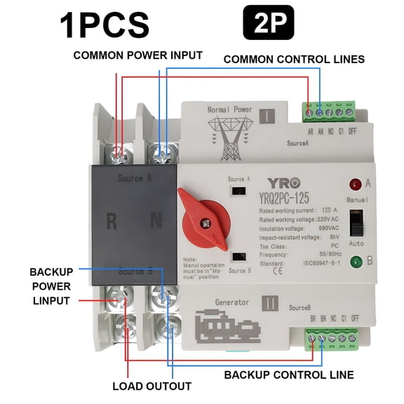 GJX 2026 New 2P 125A Dual Power Automatic Transfer Switch Fit Generator Changeover Switch for Home, Office, Industrial, Backup Power Systems, Generator Installations.
