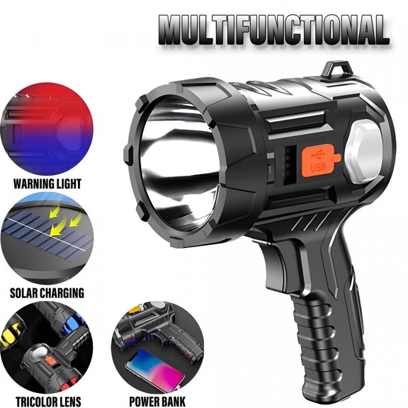 GJX 2026 New 3000 Lumens Solar Rechargeable Spotlight - 6 Modes, 3 Colored Lenses, Ipx6 Waterproof, Usb Power Bank for Hunting, Camping, Boating & Emergency