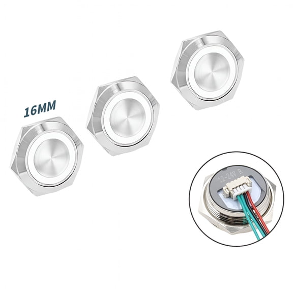GJX 2026 New 3Pcs 16Mm Push Button Switch Led Light 12V 24V Momentary Waterproof with Wire -White for Automotive,Electrical Projects,Diy Devices,Lighting Systems,Control Panels,Home Appliances.