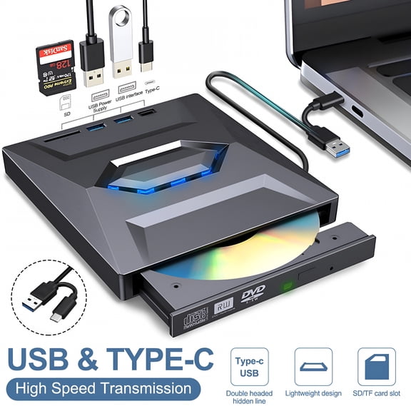 GJX 2026 New 7In1 External Usb 3.0 Dvd Cd Rw Writer Drive Burner Reader Player for Laptop Pc for Office,Home,School,Data Backup,Media Playback