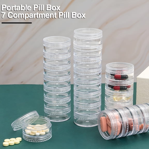 XIRQI 7Pcs Stackable Weekly Pill Organizer Clear Travel Pill Box with Lid