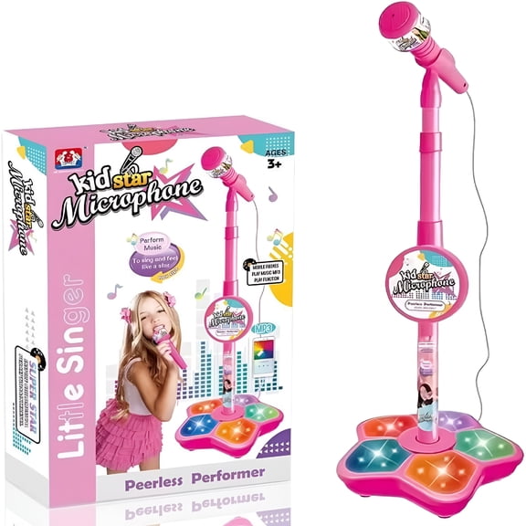 GJX 2026 New All-In-One Microphone Toy for Kids with Stand, Built-In Music, Colorful Lights, Echo Effects, Portable Karaoke Machine for Singing, Music Play, Fun and Easy Use