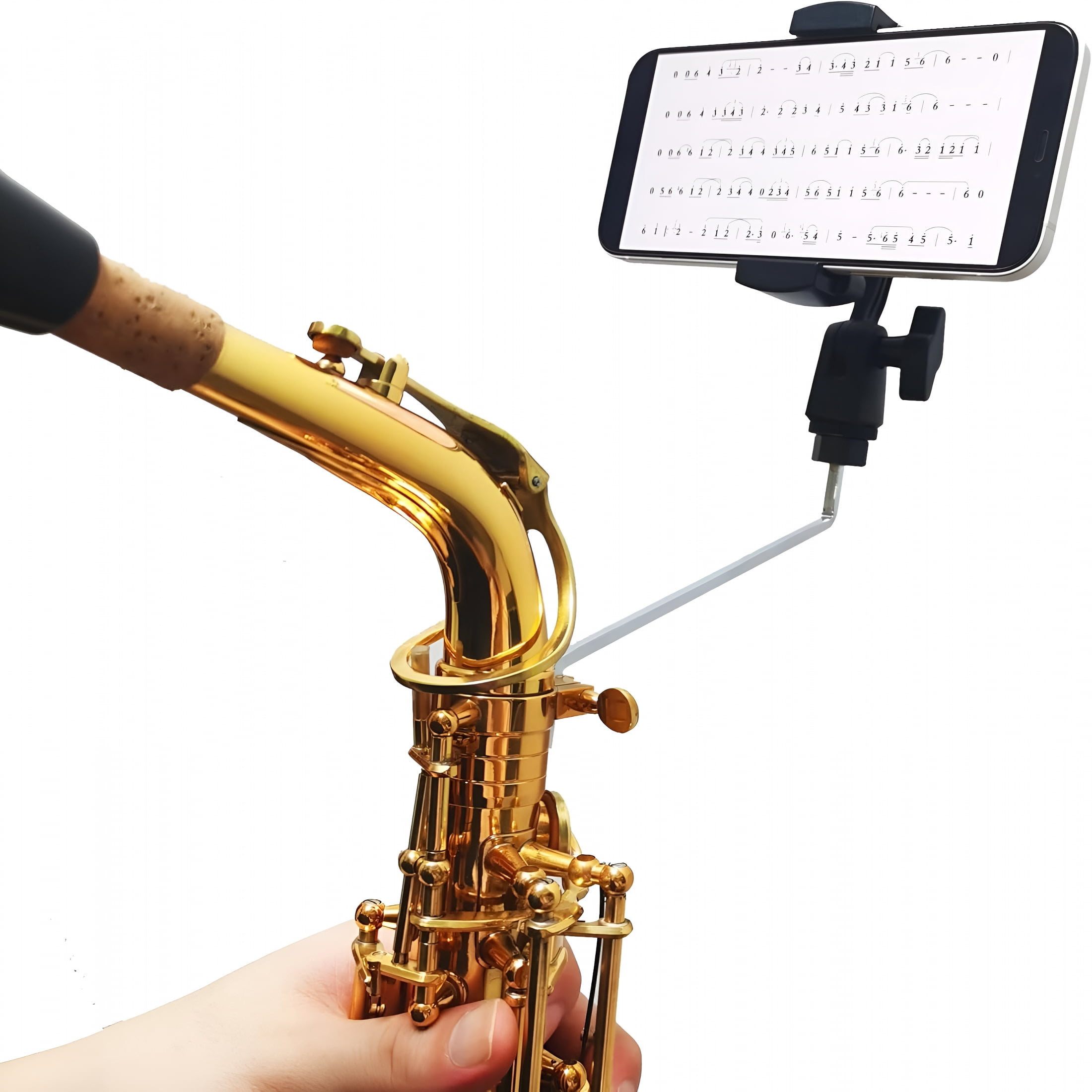 GJX 2026 New Alto Saxophone Lyre Phone Holder,360°Adjustable,Fit 4*4Mm Square Socket Alto,Tenor&Bari Sax Phone Mount Lyre,Easily Read Pdf Sheet Music,Smartphone Compatible,With Storage Bag